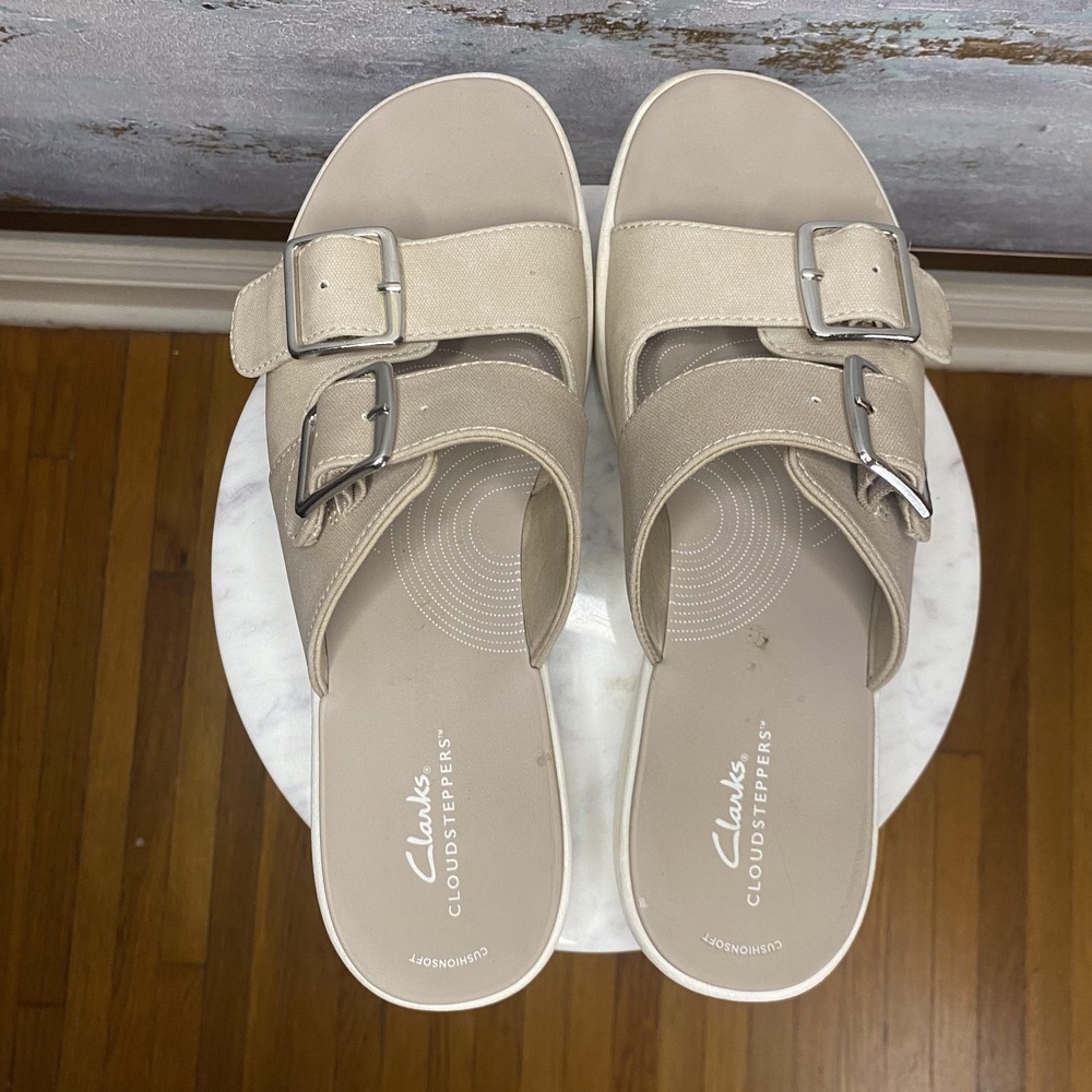 Clarks Cloudsteppers Sandals Shoes Womens Size 11 Beige Slide Double Buckle - Picture 7 of 9